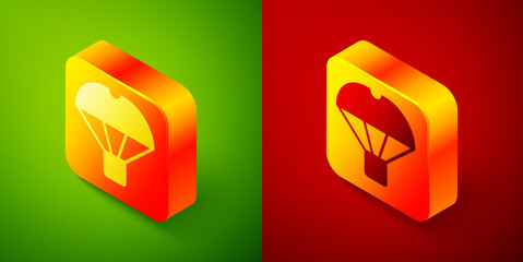 Isometric Box flying on parachute icon isolated on green and red background. Parcel with parachute for shipping. Delivery service, air shipping. Square button. Vector.
