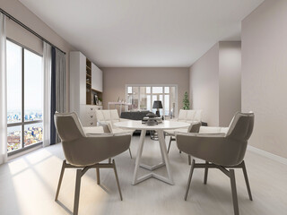 Clean and tidy dining room has wooden table and chair, very neat and clean
