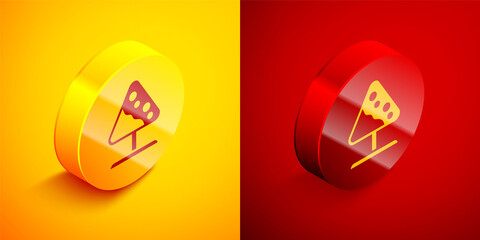 Isometric Road sign avalanches icon isolated on orange and red background. Snowslide or snowslip rapid flow of snow down a sloping surface. Circle button. Vector.