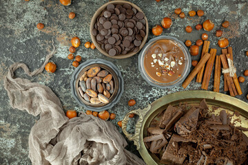 Cocoa beans on an old background.