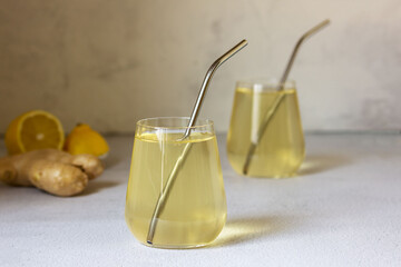 Fermented Kombucha drink in a glass glass.