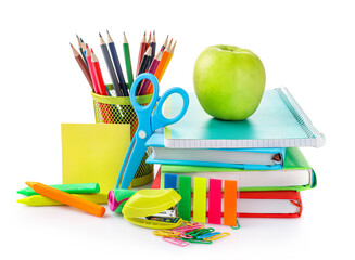 Group of school supplies isolated on white background. - Powered by Adobe