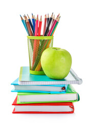 Group of school supplies isolated on white background.