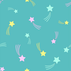 Shooting star vector seamless pattern, cute kawaii star background pattern, scandinavian style, baby dream pattern