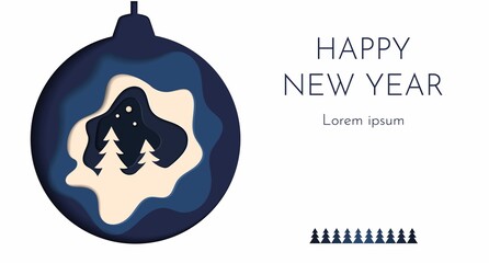 Christmas ball. Card Merry Christmas and Happy New Year. Christmas tree, silver glass balls on blue background