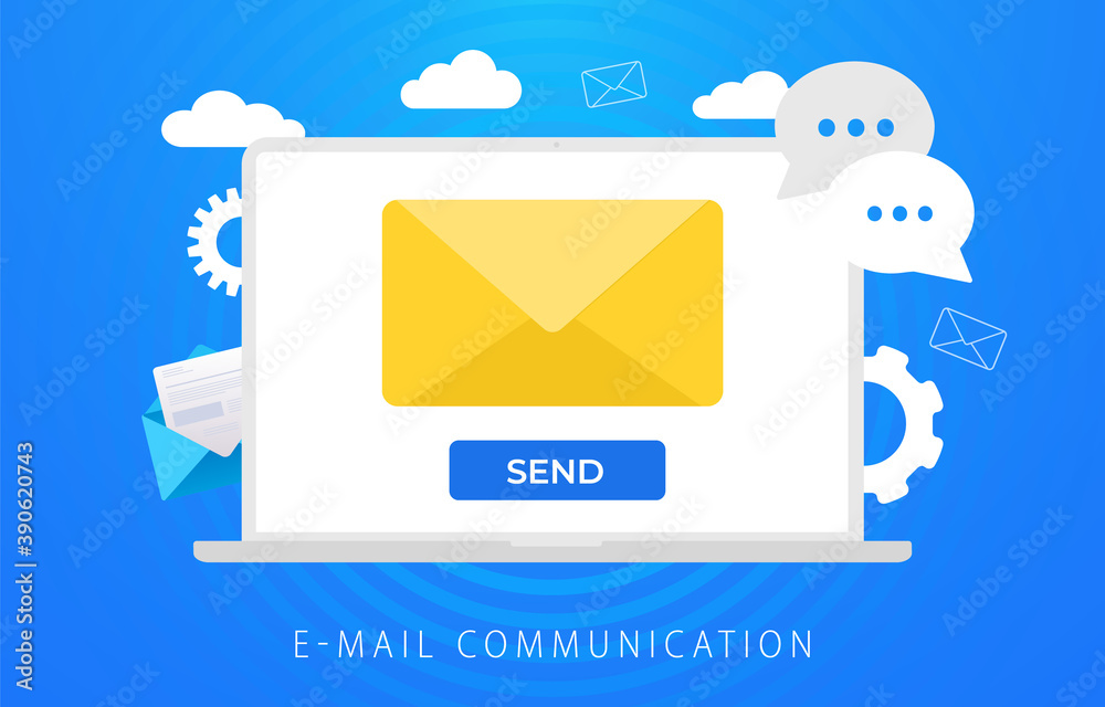 Poster email communication, incoming or sending mail, receiving new e-mail message notification. laptop wit