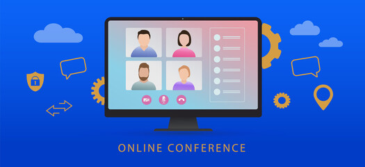 Online Video Conference concept. Videoconference webinar or call meeting with colleagues, business team on quarantine and pandemic due to covid-19. Video conference while working from home flat banner