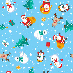 Seamless pattern with Santa Claus, deer, Christmas tree, Snowman and penguin. Christmas Vector illustration