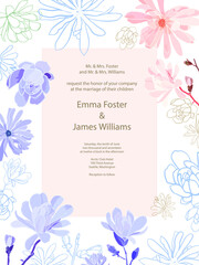 Wedding invitation in pastel colors with magnolia flowers and buds. The floral card on the a wight vintage theme. 