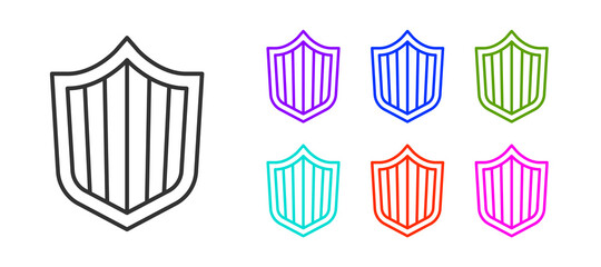 Black line Shield icon isolated on white background. Guard sign. Security, safety, protection, privacy concept. Set icons colorful. Vector.