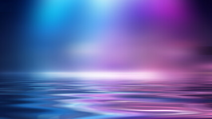 Abstract dark background. Empty street, reflection of neon light on the water. Blurry rays of light. Smoke, fog. 3d illustration