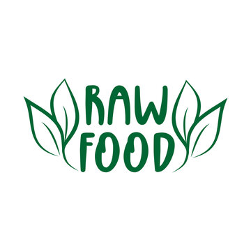 Raw Food - logo green leaf label for premium quality, locally grown, healthy food natural products, farm fresh sticker. Vector menu organic label, food product packaging bio emblem.