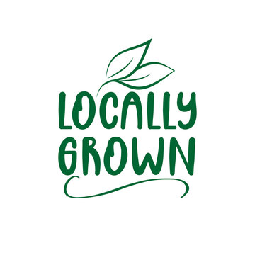 Locally Grown - logo green leaf label for premium quality, locally grown, healthy food natural products, farm fresh sticker. Vector menu organic label, food product packaging bio emblem.