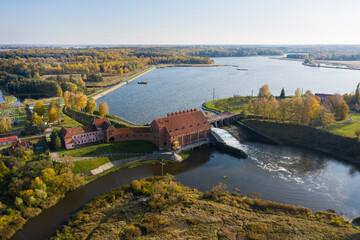 Aerial view of the Pravdinsk HPP, Russia, autumn time
