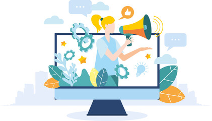 Modern flat illustration. A man with a megaphone on TV. Advertising promotion. Drawing attention. A woman speaks into a megaphone.