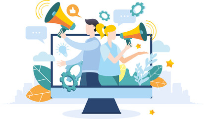 Modern flat illustration. People with a megaphone on TV. Advertising promotion. Drawing attention. A man and a Woman speak through a megaphone.