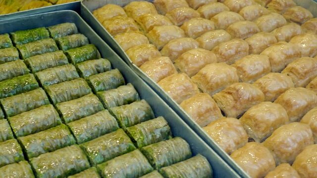 Turkish sweets (baklava and Turkish Delight) on the counter of a pastry shop in Istanbul