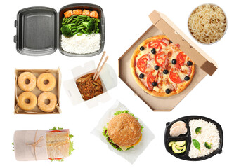 Collage of fresh food on white background, top view. Online delivery