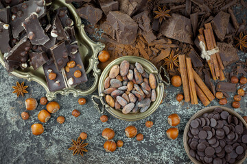 Cocoa beans on an old background.
