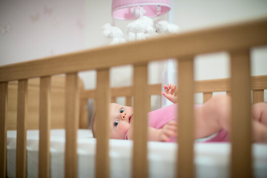 Baby lying on back in cot looking at camera