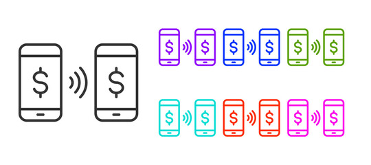 Black line Money payment transfer in mobile icon isolated on white background. Concept of fast pay by purchase. Sending and receiving money. Set icons colorful. Vector.