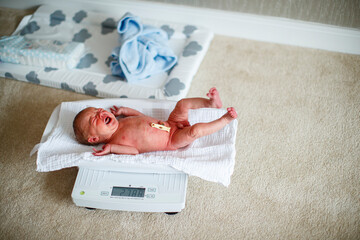 Crying newborn baby lying on weighing scales