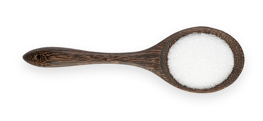 monosodium glutamate with wooden spoon isolated on a white background. Top view