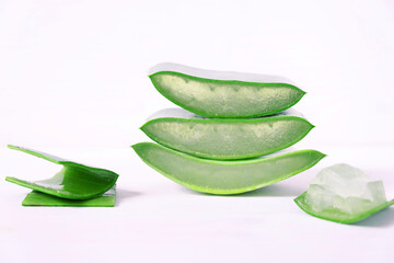 three juicy pieces of aloe vera, close-up