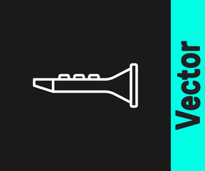 White line Clarinet icon isolated on black background. Musical instrument. Vector.