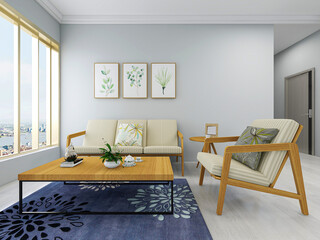 There are cloth sofa and table in the clean living room
