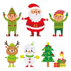 Christmas and New year set. Collection with Santa Claus, elfes helpers, deer and snowman on white background. vector set
