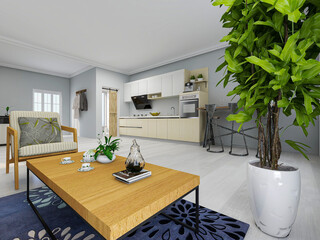 There are cloth sofa and table in the clean living room