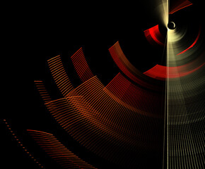 Red fan blades rotate at different angles against a black background. A golden rotating plane occupies the right edge of the background. Abstract fractal background. 3d rendering. 3d illustration.