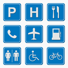 Set of road signs, vector illustration isolated on blue background. Traffic sign concept in different shapes and forms.