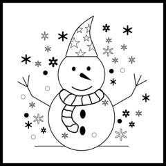 Outline snowman with snowflake around.
