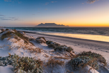 Naklejka premium Table Mountain and Big Bay at Sunset, Cape Town, South Africa