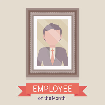 Employee Of The Month, Male Photo Wall Frame Template. Profile Portrait With Empty Face Zone, EOM Reward Program For Worker In Achieving Professional Excellence. Vector Creative Stylized Illustration