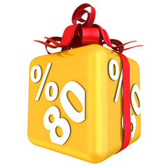 Eighty percent as a gift. The gold cube with the inscription EIGHTY PERCENT is tied with a scarlet ribbon with a bow. 3D illustration