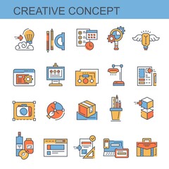 Creative concept. Set of flat, vector, colored icons. Set of icons for the site. The set includes icons such as web development, presentation and others.