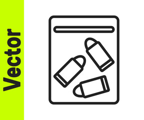 Black line Evidence bag and bullet icon isolated on white background. Vector.