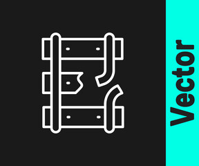 White line Broken or cracked rails on a railway icon isolated on black background. Vector.