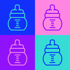Pop art line Baby bottle icon isolated on color background. Feeding bottle icon. Milk bottle sign. Vector.