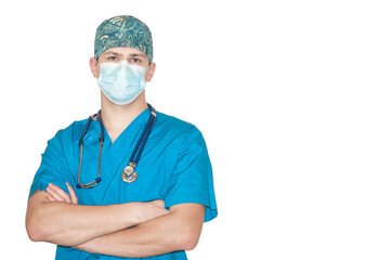 doctor in mask on a white background. medical worker in overalls. epidemiologist in protective uniform. the image illustrates the concept of combating coronavirus