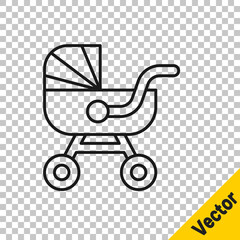 Black line Baby stroller icon isolated on transparent background. Baby carriage, buggy, pram, stroller, wheel. Vector.