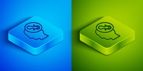 Isometric line Baby dummy pacifier icon isolated on blue and green background. Toy of a child. Square button. Vector.