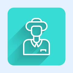 White line Tourist icon isolated with long shadow. Travelling, vacation, tourism concept. Green square button. Vector.