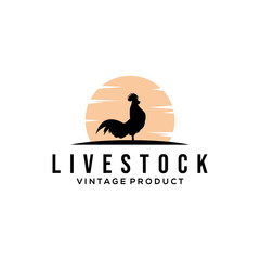chicken farm logo vector illustration design, rooster on fence vintage logo design
