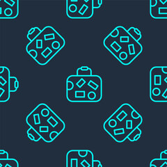 Green line Suitcase for travel icon isolated seamless pattern on blue background. Traveling baggage sign. Travel luggage icon. Vector.