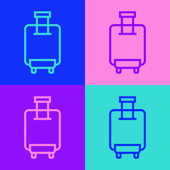 Pop art line Suitcase for travel icon isolated on color background. Traveling baggage sign. Travel luggage icon. Vector.