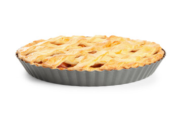 Delicious fresh peach pie isolated on white